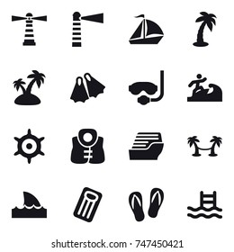 16 vector icon set : lighthouse, sail boat, palm, island, flippers, diving mask, surfer, handwheel, life vest, cruise ship, palm hammock, shark flipper, inflatable mattress, flip-flops, pool