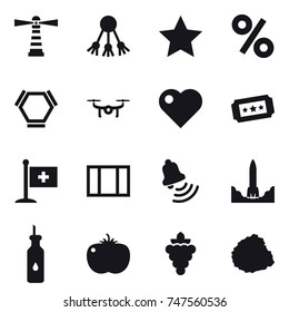 16 vector icon set : lighthouse, share, star, percent, hex molecule, drone, heart, ticket, window, bell, grape, pile of garbage