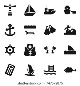 16 vector icon set : lighthouse, boat, lounger, flippers, surfer, hand wheel, life vest, palm hammock, shark flipper, inflatable mattress, windsurfing, pool