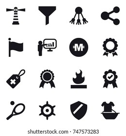 16 vector icon set : lighthouse, funnel, share, flag, presentation, crypto currency, medal, tennis, hand wheel, handle washing