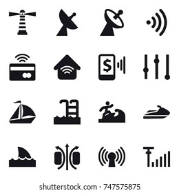 16 vector icon set : lighthouse, satellite antenna, wireless, tap to pay, wireless home, mobile pay, equalizer, sail boat, pool, surfer, jet ski, shark flipper