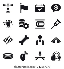 16 vector icon set : lighthouse, flag, calendar, money message, chip, virtual mining, nanotube, tent, inflatable pool, dish cleanser