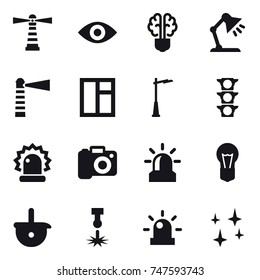 16 vector icon set : lighthouse, eye, bulb brain, table lamp, window, outdoor light, camera, alarm, shining