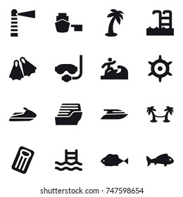 16 vector icon set : lighthouse, palm, pool, flippers, diving mask, surfer, hand wheel, jet ski, cruise ship, yacht, palm hammock, inflatable mattress, fish
