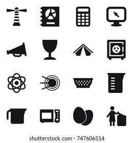 16 vector icon set : lighthouse, annual report, calculator, monitor arrow, loudspeaker, wineglass, tent, safe, kolander, measuring cup, garbage bin