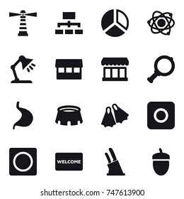 16 vector icon set : lighthouse, hierarchy, diagram, atom, table lamp, market, magnifier, stadium, flippers, ring button, welcome mat, knife holder, acorn