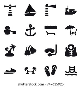 16 vector icon set : lighthouse, boat, lounger, island, flippers, diving mask, life vest, jet ski, palm hammock, flip-flops, pool