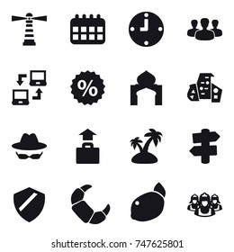 16 vector icon set : lighthouse, calendar, clock, group, notebook connect, percent, minaret, modern architecture, baggage, island, signpost, outsource