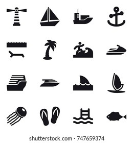 16 vector icon set : lighthouse, boat, lounger, palm, surfer, jet ski, cruise ship, yacht, shark flipper, windsurfing, jellyfish, flip-flops, pool