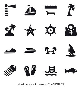 16 vector icon set : lighthouse, sail boat, lounger, palm, island, starfish, handwheel, life vest, jet ski, yacht, palm hammock, windsurfing, jellyfish, flip-flops, pool, fish