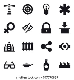 16 vector icon set : lighthouse, target, bulb, lock, hotel, radiator, pan, seedling