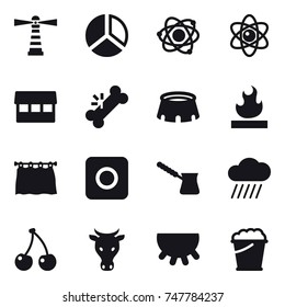 16 vector icon set : lighthouse, diagram, atom, market, stadium, curtain, ring button, turk, rain cloud, cherry, cow, udder, foam bucket