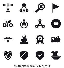 16 vector icon set : lighthouse, share, dollar magnifier, flag, bio, rocket, spinner, crypto currency, train, shield, handle washing