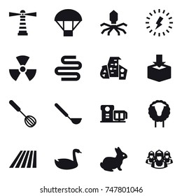 16 vector icon set : lighthouse, parachute, virus, lightning, nuclear, modern architecture, whisk, ladle, sheep, field, goose, rabbit, outsource