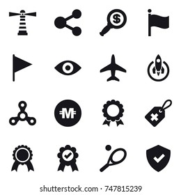 16 vector icon set : lighthouse, share, dollar magnifier, flag, eye, plane, rocket, spinner, crypto currency, medal, tennis