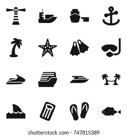 16 vector icon set : lighthouse, palm, starfish, flippers, diving mask, jet ski, cruise ship, yacht, palm hammock, shark flipper, inflatable mattress, flip-flops