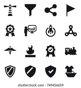 16 vector icon set : lighthouse, funnel, share, flag, medal, presentation, rocket, spinner, train, shield, handle washing