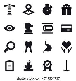 16 vector icon set : lighthouse, pointer, stopwatch, gift, eye, chess horse, nanotube, credit card, rake