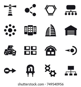 16 vector icon set : lighthouse, molecule, hex molecule, structure, round around, server, skyscraper, garage, modern architecture, panel house, house, hierarchy