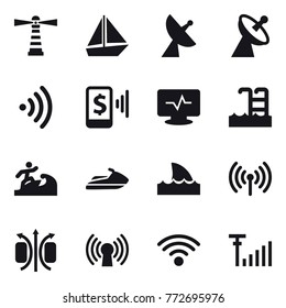 16 vector icon set : lighthouse, boat, satellite antenna, wireless, mobile pay, pool, surfer, jet ski, shark flipper