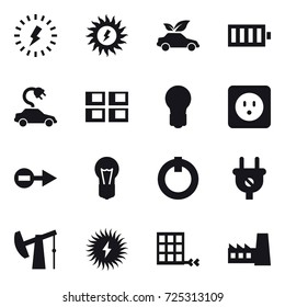 16 vector icon set : lightning, sun power, eco car, battery, electric car, panel house, bulb, power socket, factory