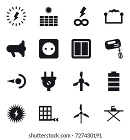 16 vector icon set : lightning, sun power, infinity power, electrostatic, megafon, power socket, power switch, mixer, windmill, iron board