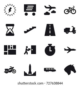 16 vector icon set : lightning, delivery, journey, bike, stairs, plane, motorcycle, horse