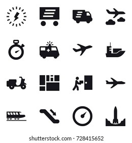 16 vector icon set : lightning, delivery, journey, stopwatch, plane, train, escalator, barometer