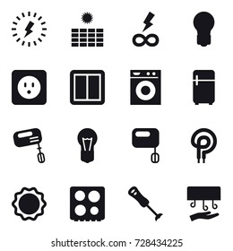 16 vector icon set : lightning, sun power, infinity power, bulb, power socket, power switch, washing machine, fridge, mixer, hand dryer