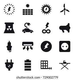 16 vector icon set : lightning, sun power, windmill, nuclear power, electric car, infinity power, megafon, spark plug, air conditioning, electricity, power socket, iron board