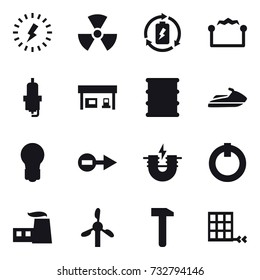 16 vector icon set : lightning, nuclear, battery charge, electrostatic, spark plug, gas station, jet ski, bulb