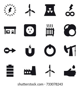 16 vector icon set : lightning, windmill, nuclear power, infinity power, gas station, power socket, radiator, factory, hand drop
