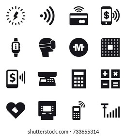 16 Vector Icon Set : Lightning, Wireless, Tap To Pay, Phone Pay, Smartwatch, Virtual Mask, Crypto Currency, Cpu, Mobile Pay, Market Scales, Calculator, Atm