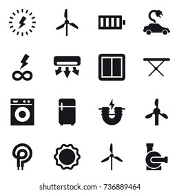 16 vector icon set : lightning, windmill, battery, electric car, infinity power, air conditioning, power switch, iron board, washing machine, fridge, water pump
