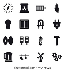 16 vector icon set : lightning, nuclear power, battery, spark plug, bulb, power switch, kettle, plow, windmill, gears