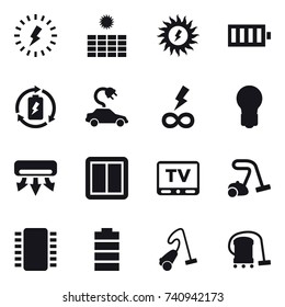 16 vector icon set : lightning, sun power, battery, battery charge, electric car, infinity power, bulb, air conditioning, power switch, tv, vacuum cleaner