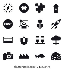 16 vector icon set : lightning, crypto currency, puzzle, tower, crib, seedling, fish, cheese