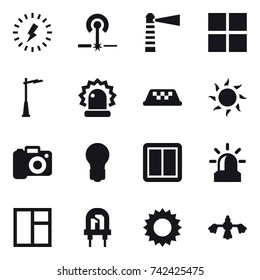 16 vector icon set : lightning, laser, lighthouse, window, outdoor light, taxi, sun, camera, bulb, power switch, alarm, hard reach place cleaning