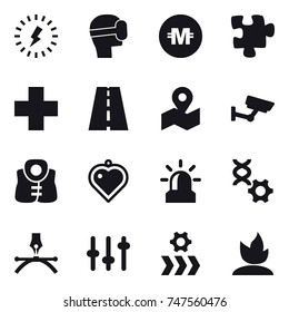 16 vector icon set : lightning, virtual mask, crypto currency, puzzle, surveillance, life vest, heart pendant, alarm, sprouting