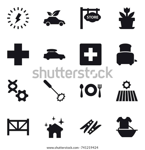 16 vector icon set :\
lightning, eco car, store signboard, flower, car baggage, first\
aid, toaster, whisk, field, farm fence, house cleaning, clothespin,\
handle washing