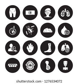 16 vector icon set : Limbtoosa, Jaundice, Keloids, Kidney Disease (Chronic Disease), stone disease, Irritable bowel syndrome, Leprosy isolated on black background