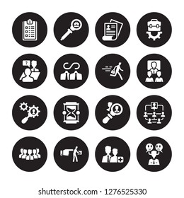16 vector icon set : List, Employee, Fi, Group, Hierarchical structure, Emotions, Interview, Human resources, Hurry isolated on black background