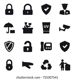 16 vector icon set : lock, inspector, uv cream, surveillance, shield, unlocked, intercome, cook glove, recycling, garbage bin