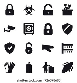 16 vector icon set : lock, unlock, inspector, surveillance, safe, locked, cook glove, watering, gloves, dry wash, garbage bin, bug