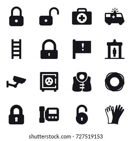 16 vector icon set : lock, unlock, stairs, detector, surveillance, safe, life vest, lifebuoy, locked, intercome, gloves