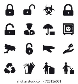 16 vector icon set : lock, unlock, safe, cook glove, hand leaf, recycling, gloves, garbage bin