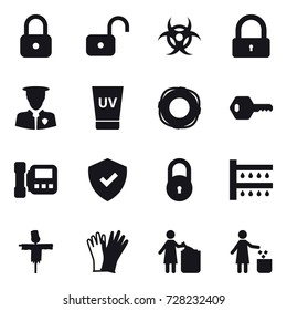 16 vector icon set : lock, unlock, uv cream, lifebuoy, key, intercome, watering, scarecrow, gloves, garbage bin