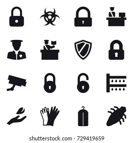 16 vector icon set : lock, inspector, shield, locked, watering, hand leaf, gloves, dry wash, bug