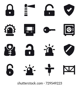 16 vector icon set : lock, lighthouse, unlock, atm, key, safe, life vest, unlocked, alarm, scarecrow, farm fence