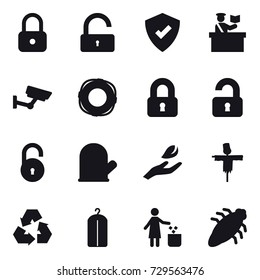 16 vector icon set : lock, unlock, inspector, surveillance, lifebuoy, locked, unlocked, cook glove, hand leaf, scarecrow, recycling, dry wash, garbage bin, bug